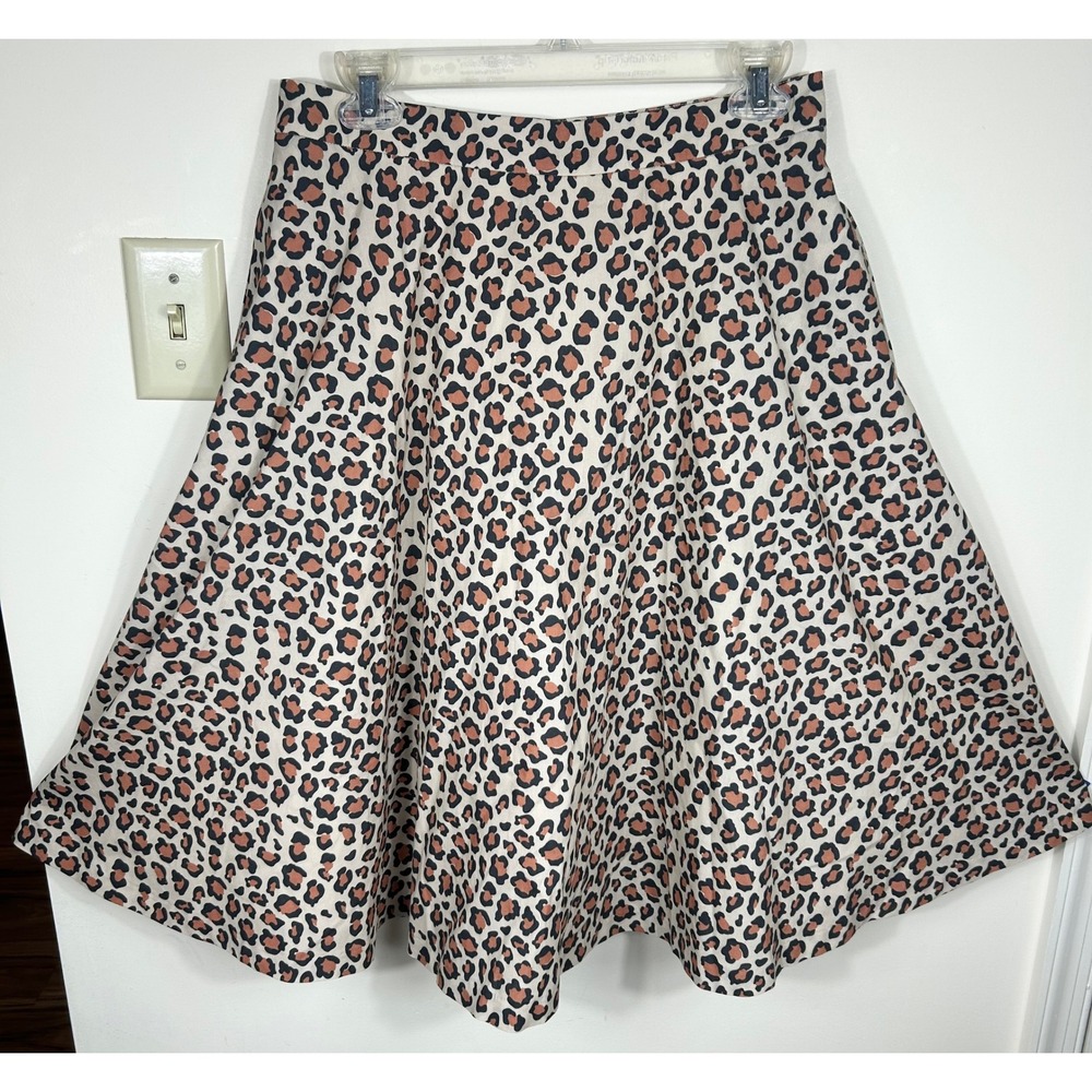 Hearts and Found Leopard Print Skirt Women L Tan A-Line Flared Pockets Work Chic